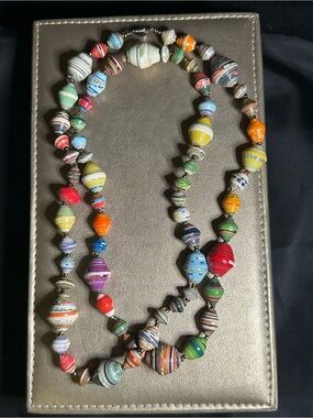Vintage Signed Teng Yue Colorful Handmade Long Multicolor Paper Bead Necklace